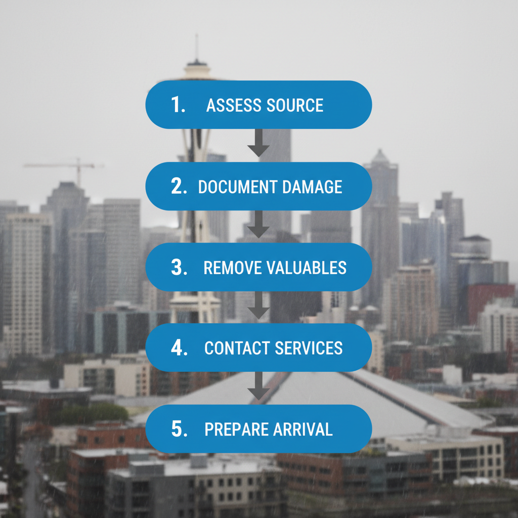 Vertical process flow illustrating five key steps for initiating water damage recovery in Seattle