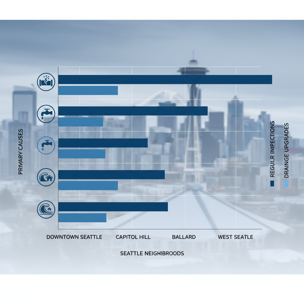 Horizontal bar chart of common water damage causes in Seattle neighborhoods including Downtown, Capitol Hill, Ballard, and West Seattle, featuring icons for bursts, leaks, and floods, with blue gradient bars and prevention tip labels.