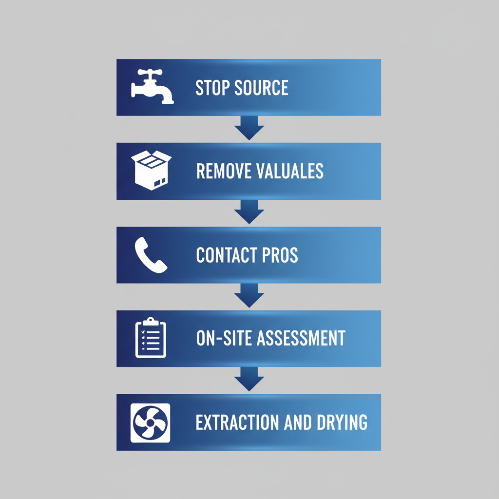 Vertical process flow diagram outlining five key steps for initiating water damage restoration in Seattle with icons