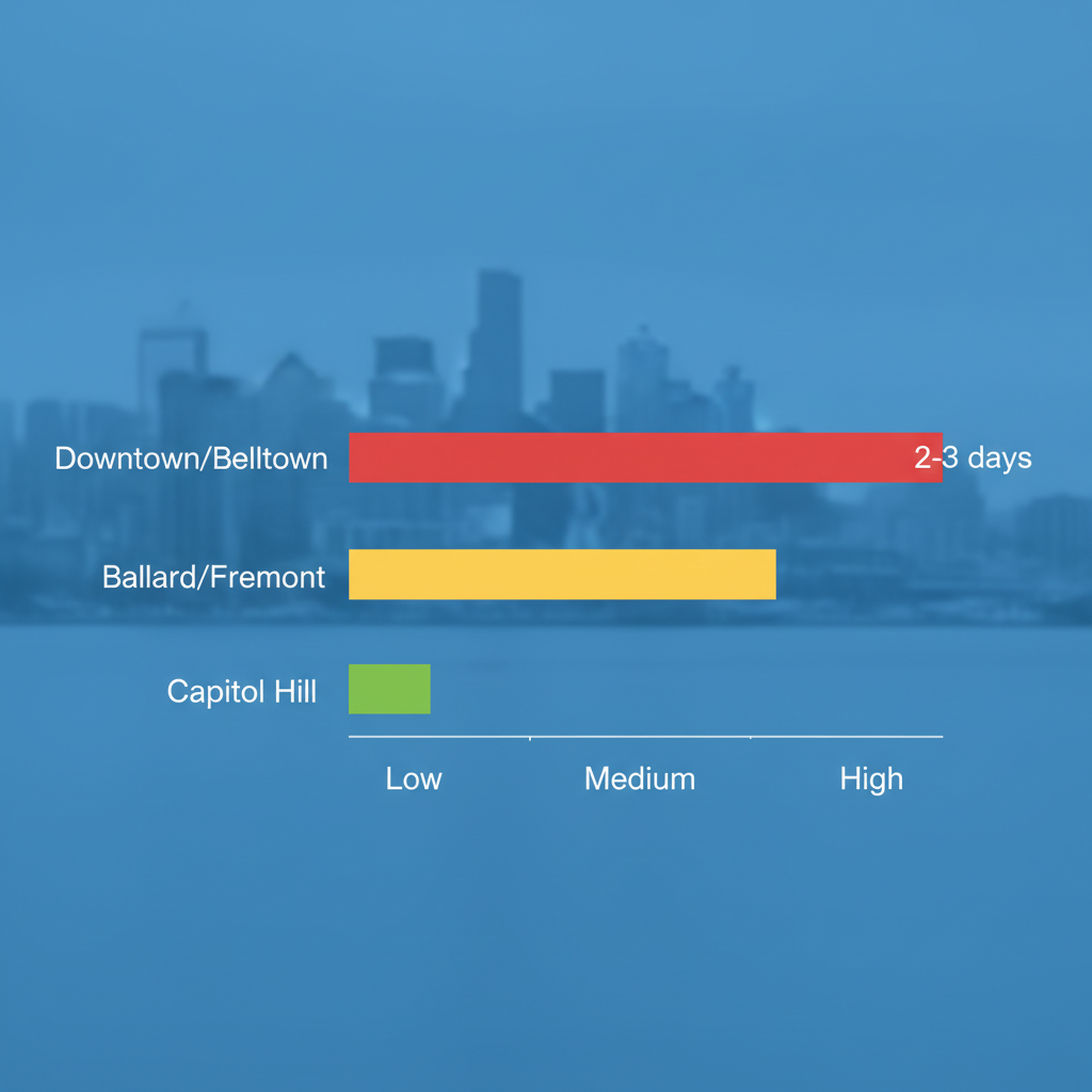 Horizontal bar chart showing flood risk levels in Seattle neighborhoods including Downtown/Belltown, Ballard/Fremont, West Seattle, and Capitol Hill with color-coded bars and restoration time labels