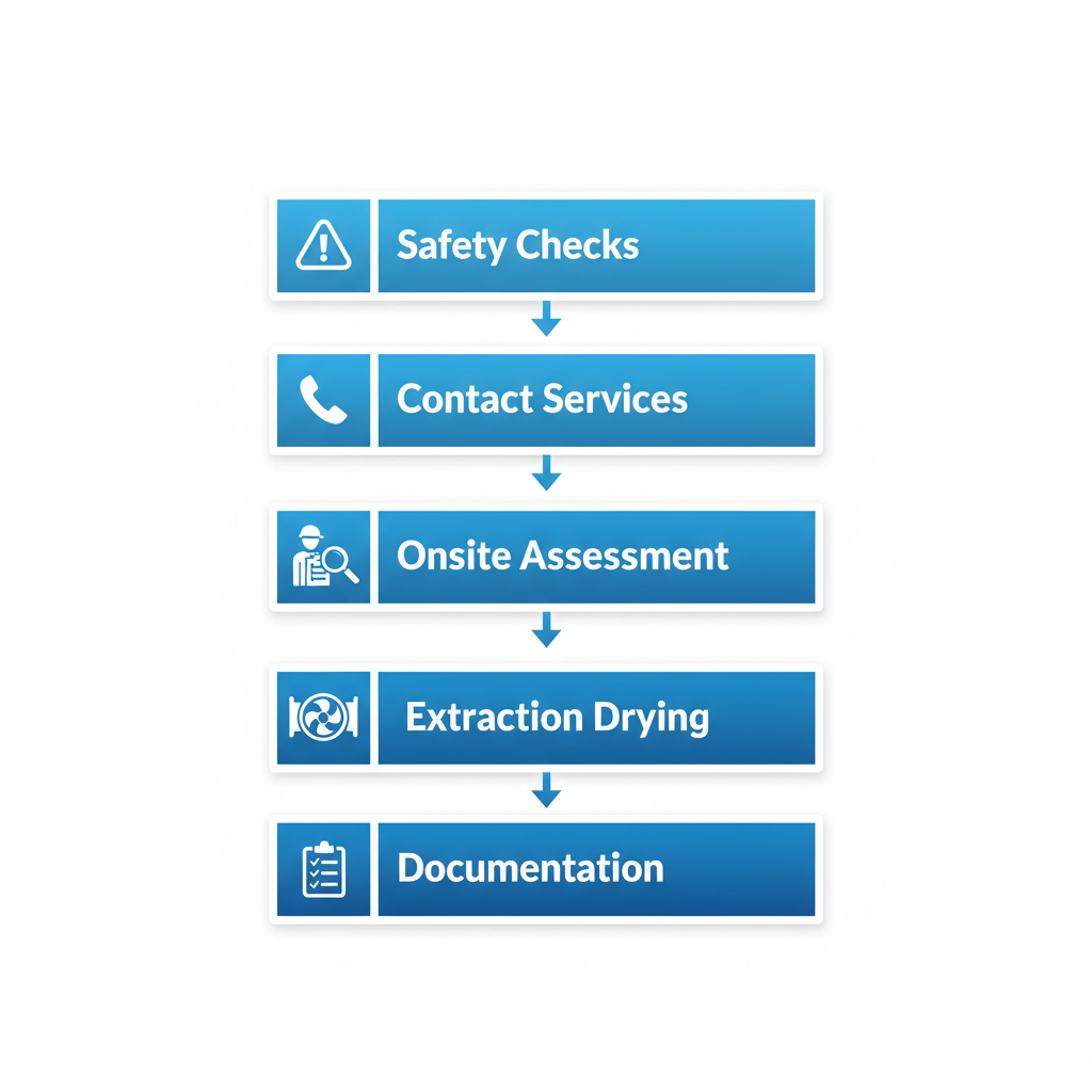 Vertical process flow diagram illustrating five key steps for initiating water damage restoration in Seattle, including safety checks, contacting services, onsite assessment, extraction and drying, and documentation.