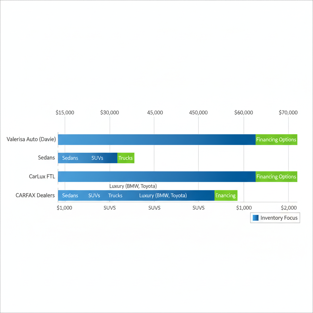 Horizontal bar chart comparing used car dealerships in Fort Lauderdale by price ranges and vehicle types