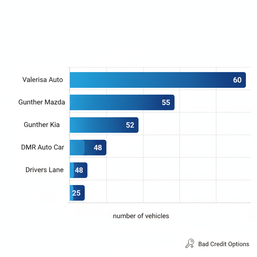 Horizontal bar chart comparing used car inventory under 20K USD at five Fort Lauderdale dealerships