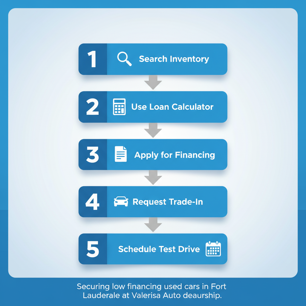 Vertical process flow diagram illustrating steps to secure low financing used cars in Fort Lauderdale with icons and arrows