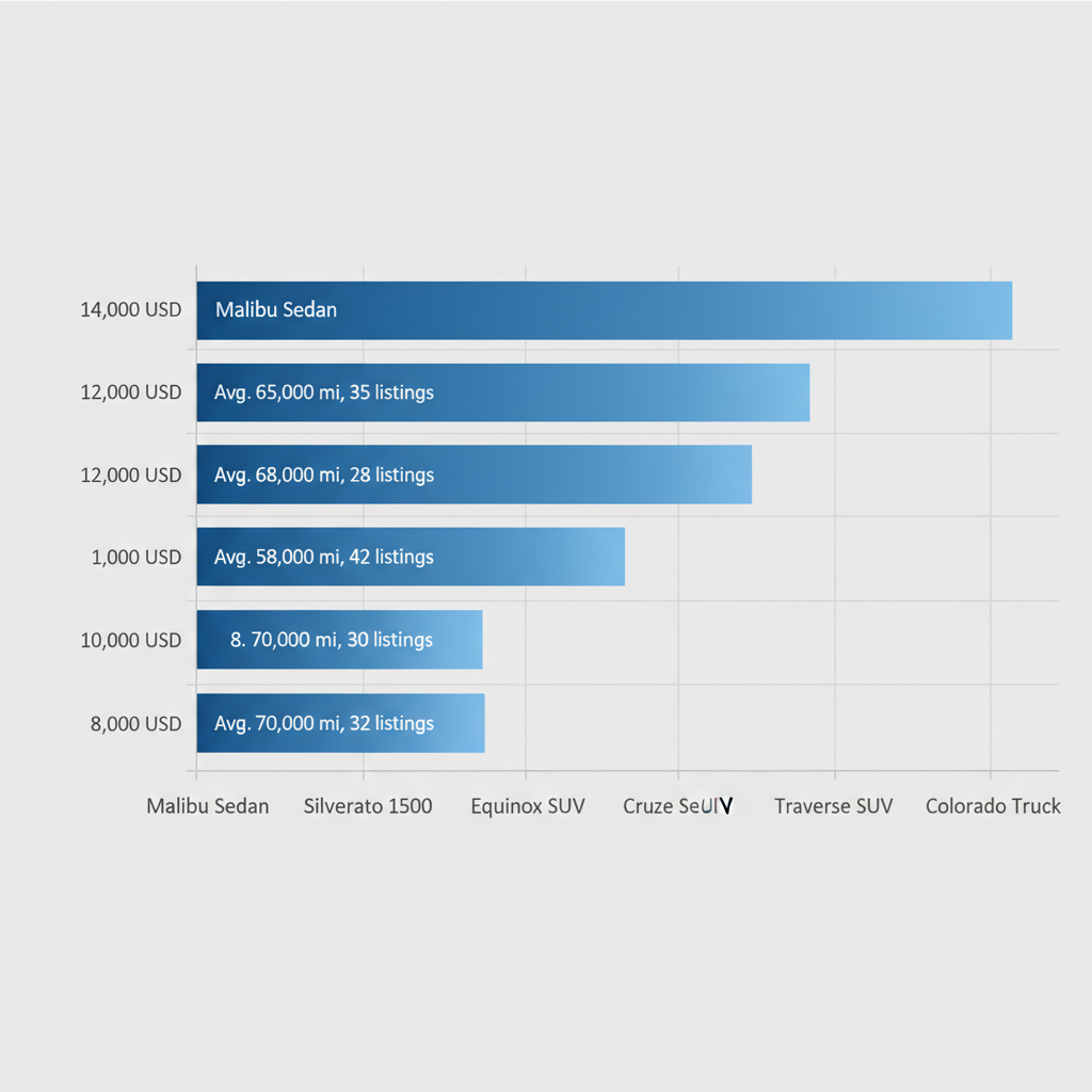Horizontal bar chart of average prices, mileage, and listing counts for used Chevrolet models under 15,000 USD in Fort Lauderdale