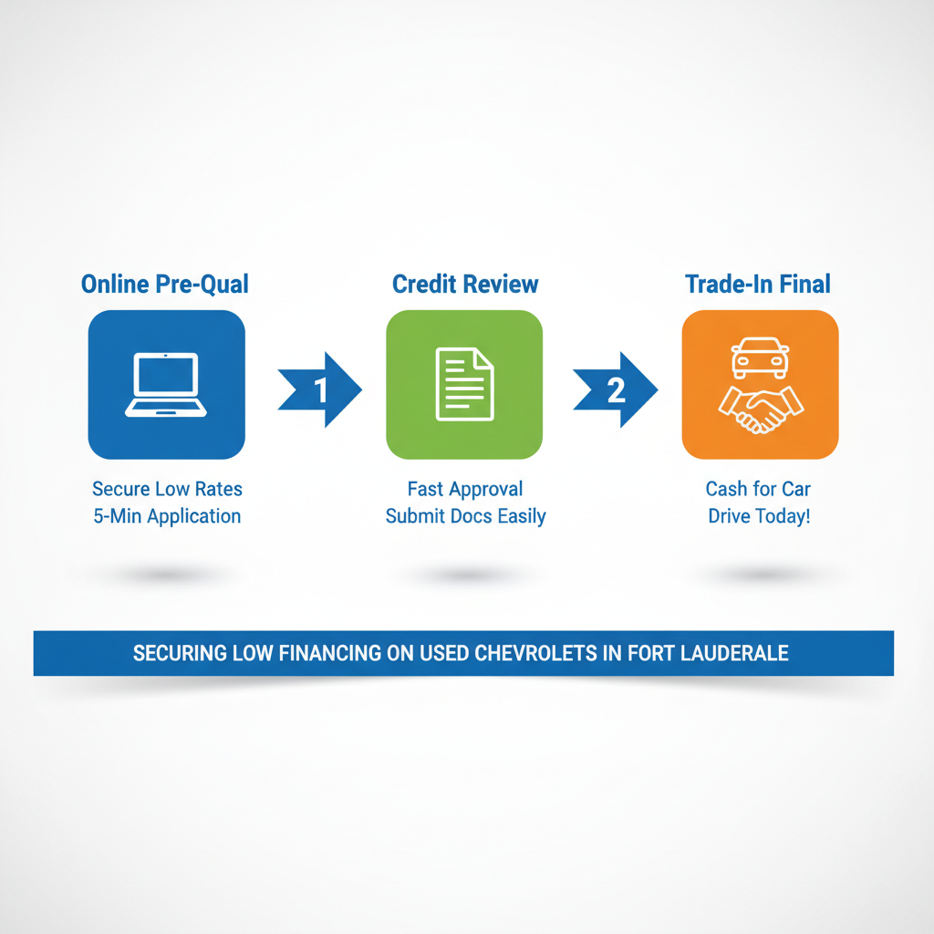 Horizontal process flow diagram illustrating three steps for low financing on used Chevrolets: pre-qualification, credit review, and trade-in finalization.