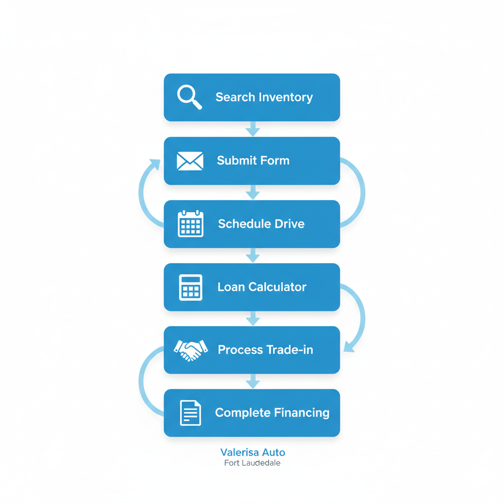 Vertical process flow diagram illustrating six steps to purchase a used car in Fort Lauderdale, with icons and minimal labels for accessibility.
