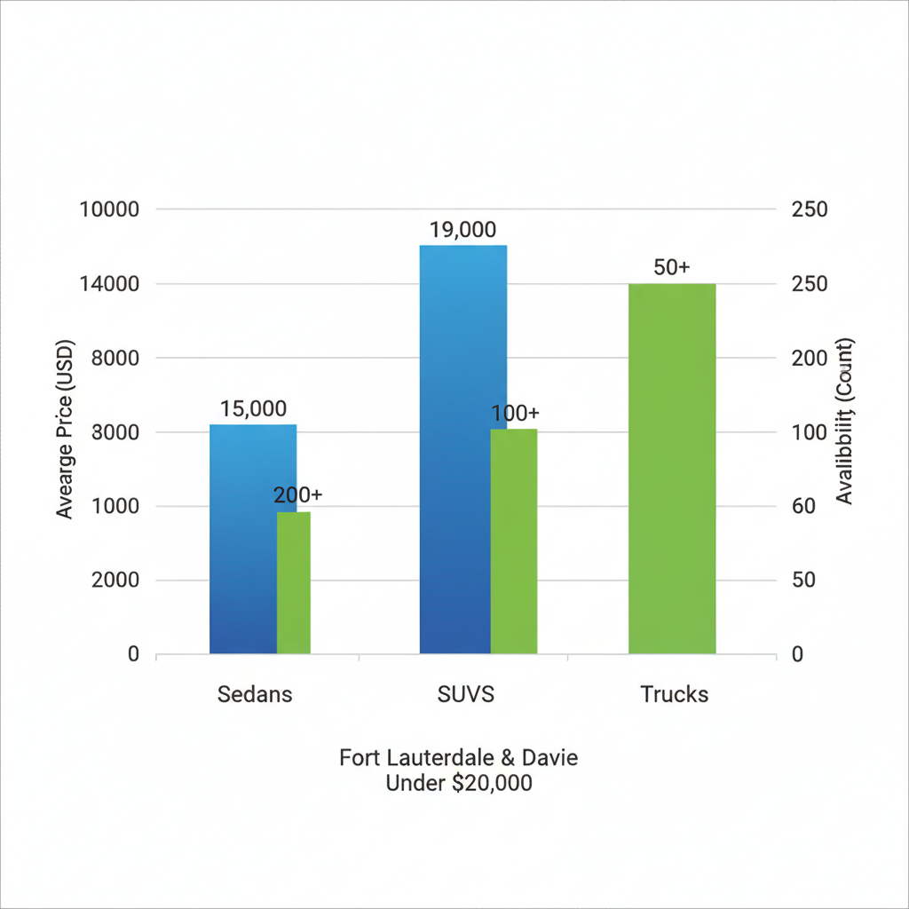 Bar chart of used car prices and availability under 20K in Fort Lauderdale and Davie