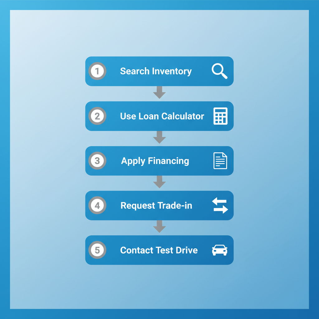 Vertical process flow diagram showing five steps to buy a used car under 20K at Valerisa Auto, including search, calculate, apply, trade-in, and contact.