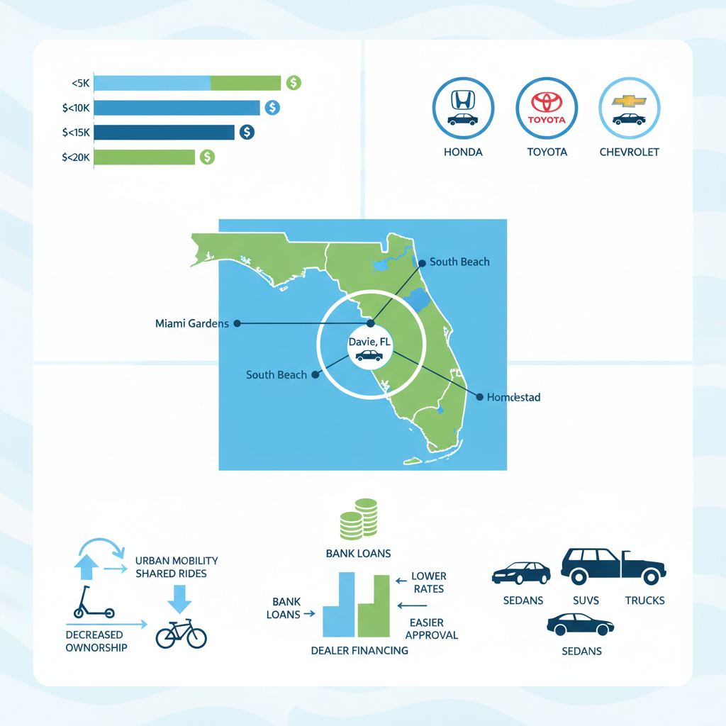 Infographic summarizing Miami area used car market with map of locations, price ranges, popular makes, vehicle icons, and financing highlights