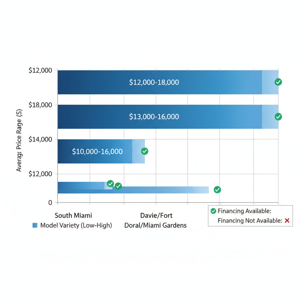 Horizontal bar chart comparing used Volkswagen prices and model variety in South Miami, Davie/Fort Lauderdale, and Doral/Miami Gardens areas with financing indicators