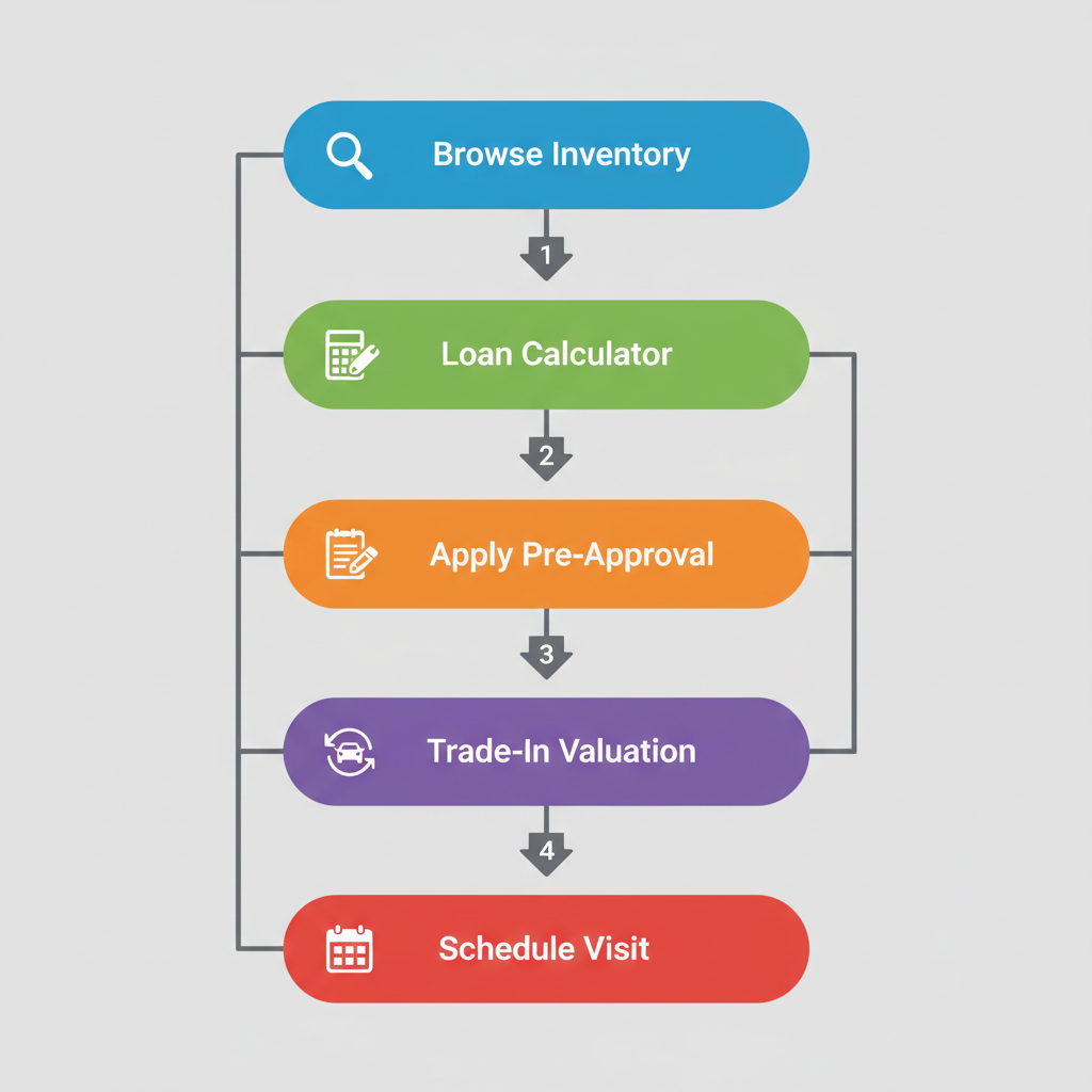 Vertical process flow diagram showing five steps to purchase a used Volkswagen in Miami