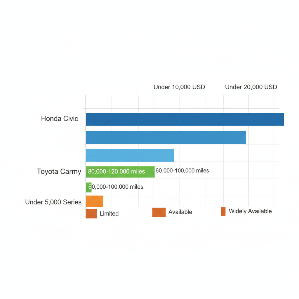 Horizontal bar chart of used car price ranges, mileage, and financing in Miami by model