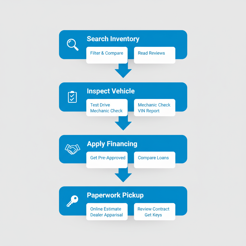 Vertical process flow diagram illustrating five steps to safely buy a used car in Miami, including search, inspection, financing, trade-in, and pickup.
