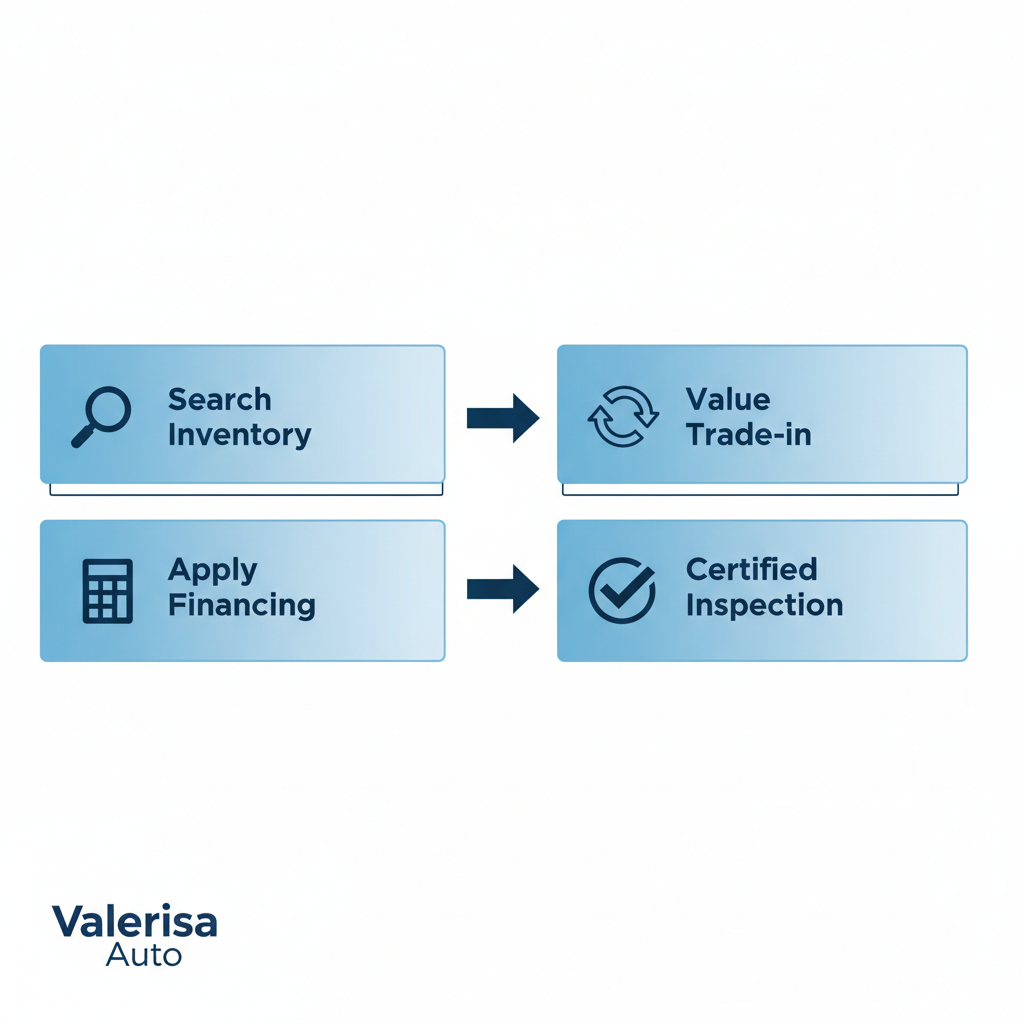 Horizontal process flow diagram illustrating used car services steps: inventory search with filters, financing application, trade-in valuation, and certified inspection