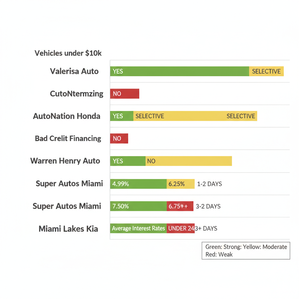 Horizontal bar chart comparing key metrics of five Miami-area used car dealerships including financing and inventory options.