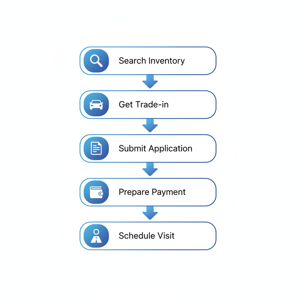 Vertical process flow diagram showing 5 steps to secure used car financing in Miami with icons and brief labels