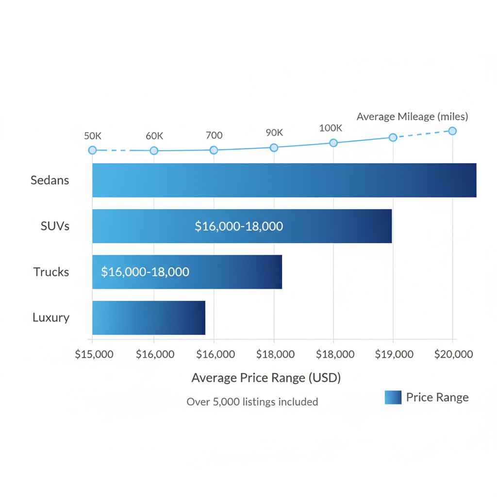 Horizontal bar chart comparing average price ranges and mileage for used car segments in Miami under $20K