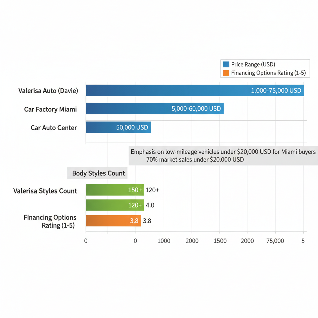Horizontal bar chart comparing Miami used car dealers by price range, body styles count, and financing options ratings