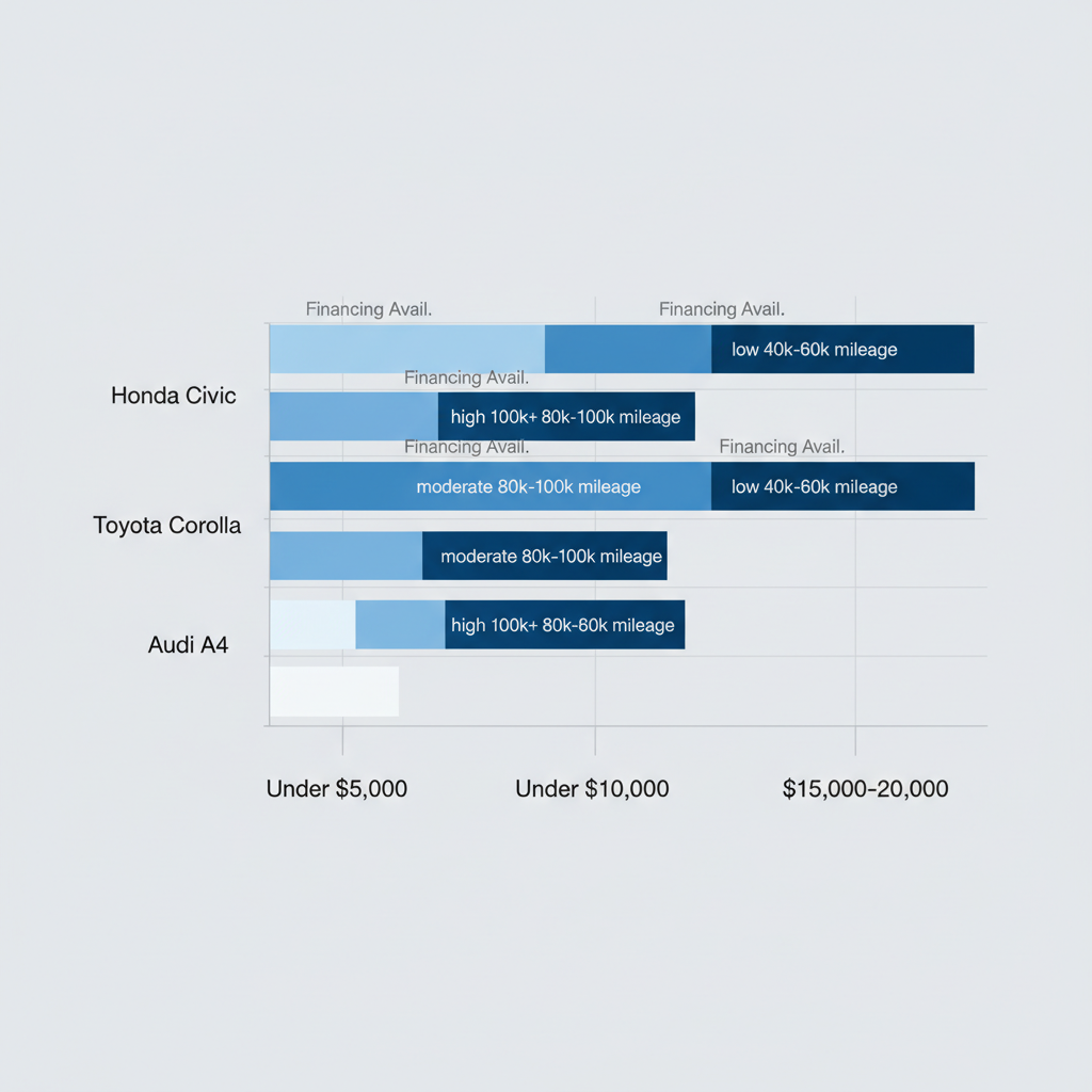 Horizontal bar chart of used car price brackets and mileage in Miami, Florida