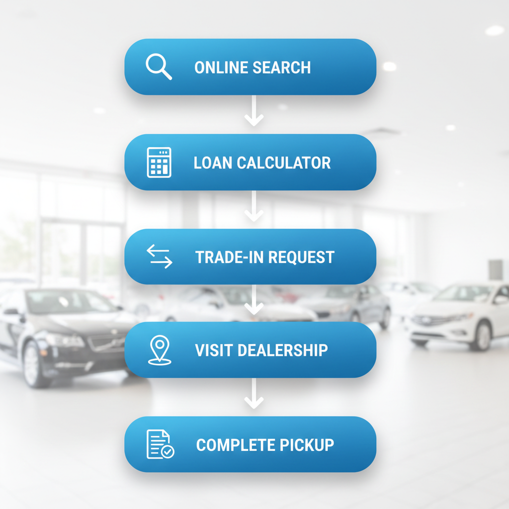 Vertical process flow diagram showing five steps to buy a used car in Miami: online search, financing application, trade-in valuation, dealership visit, and paperwork completion