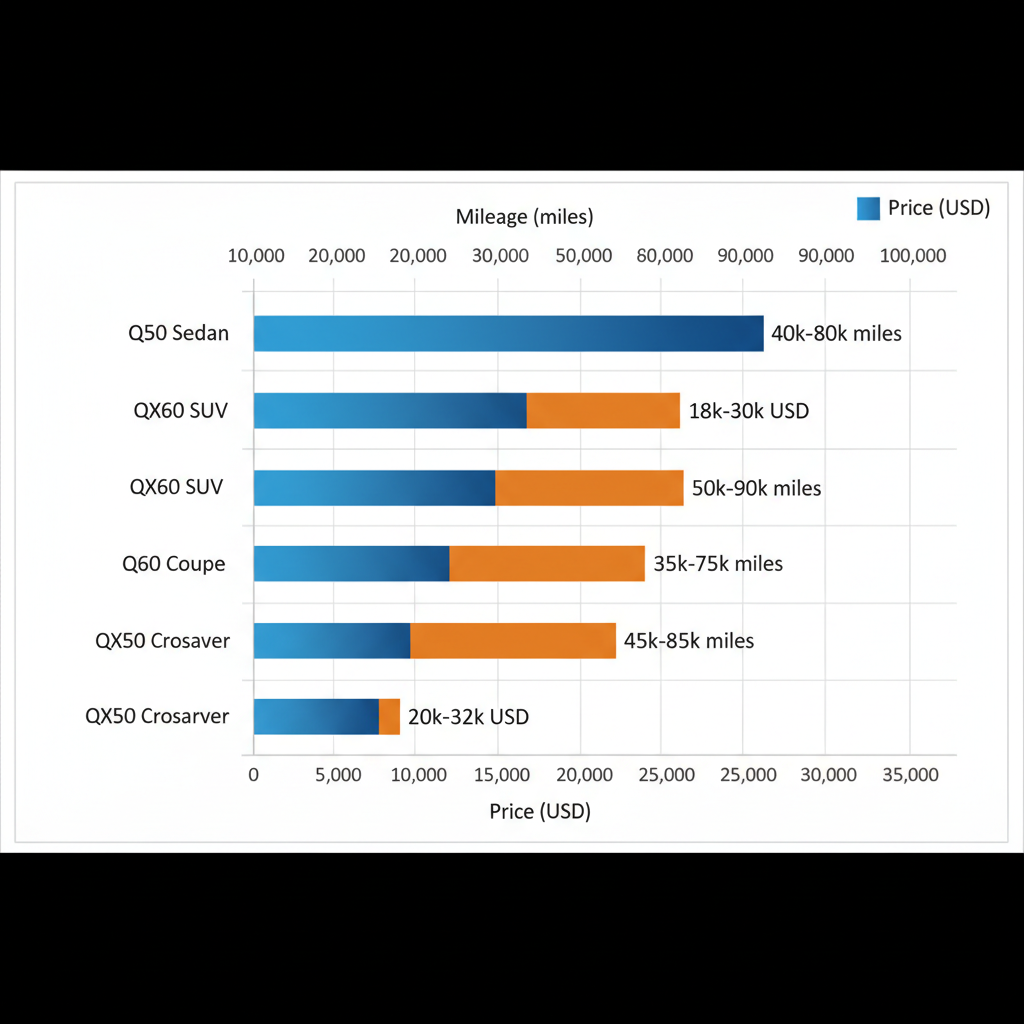 Horizontal bar chart comparing average price ranges and mileage for used Infiniti models in West Palm Beach