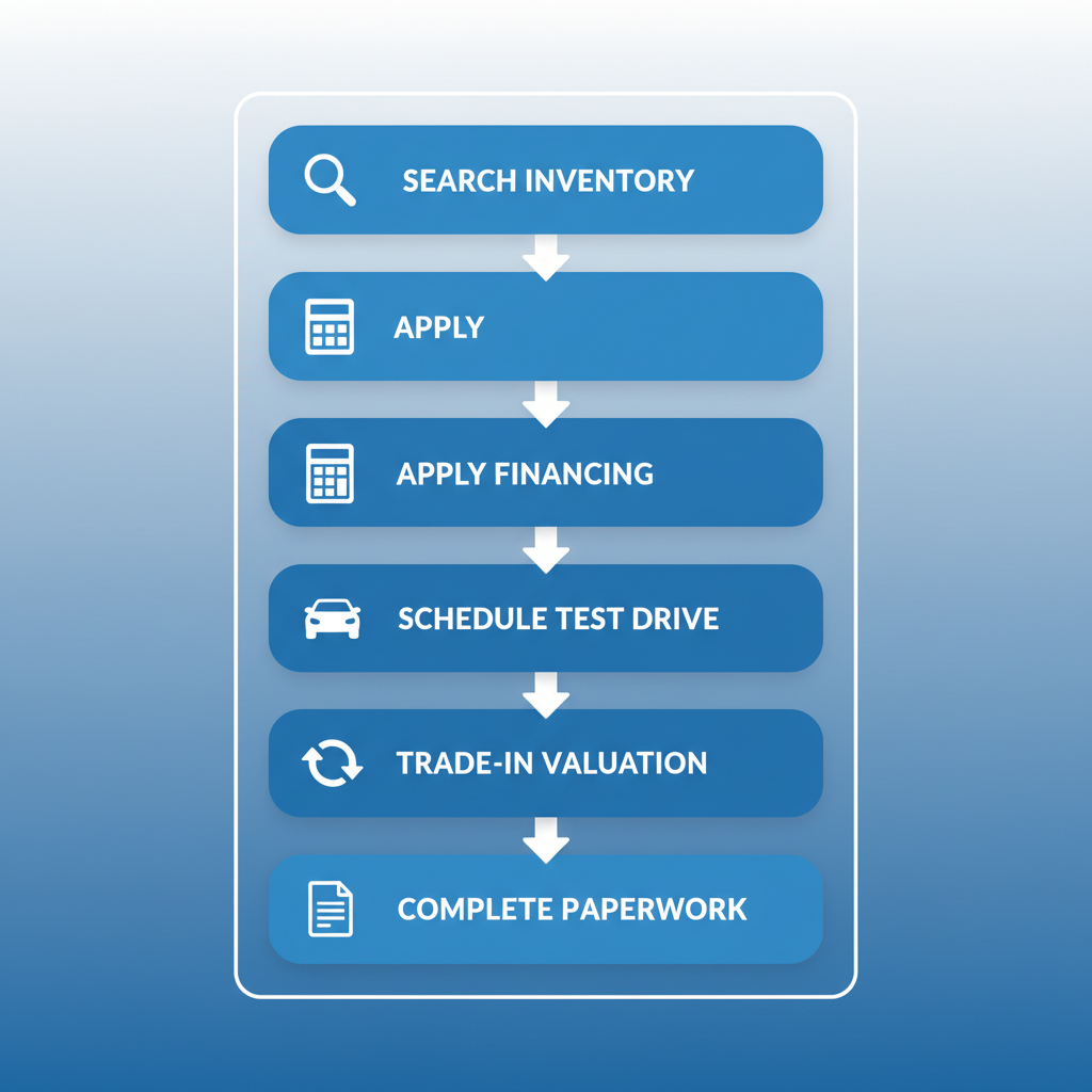Vertical process flow diagram illustrating five steps to purchase a used Infiniti vehicle, from searching inventory to completing paperwork.