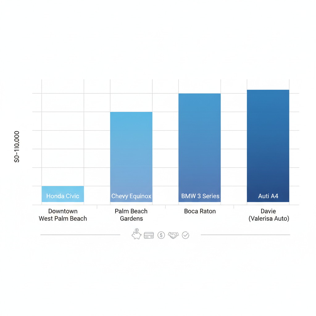 Horizontal bar chart comparing used car availability under $10,000 in West Palm Beach areas including Davie with Valerisa Auto