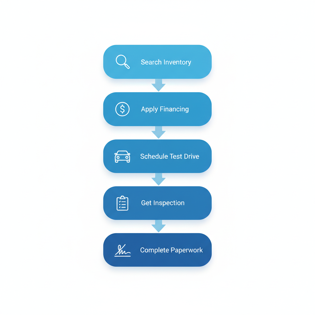Vertical process flow diagram showing five steps to buy a used car: search inventory, apply for financing, schedule test drive, get inspection, complete paperwork