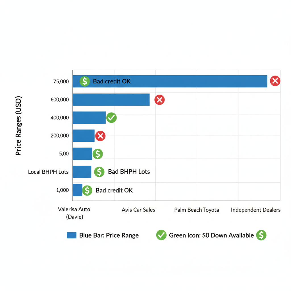 Horizontal bar chart comparing used car dealerships in West Palm Beach by price ranges and financing features