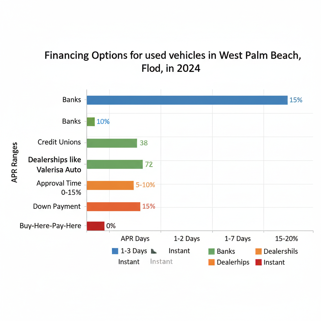 Horizontal bar chart comparing APR ranges, approval times, and down payments for used Kia financing providers in West Palm Beach.