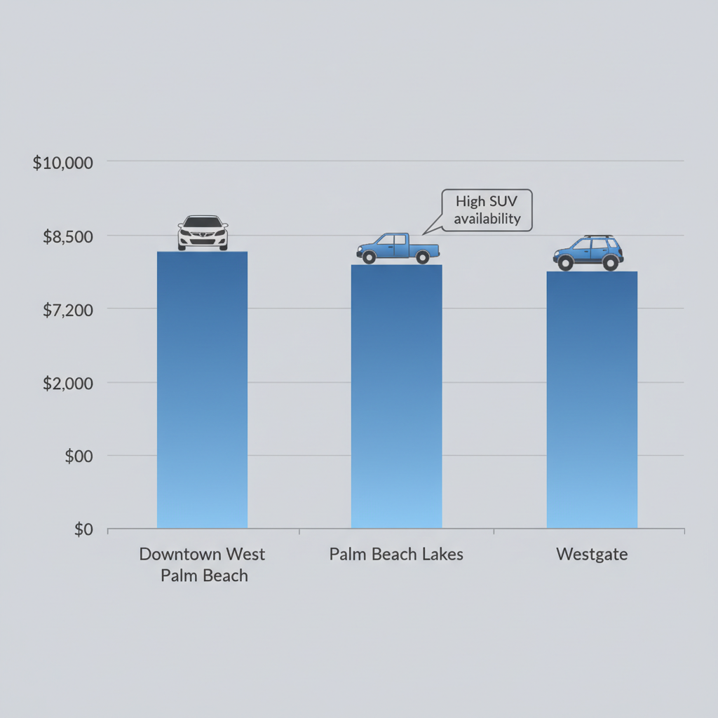 Bar chart comparing average used car prices under $10,000 in Downtown West Palm Beach, Palm Beach Lakes, and Westgate neighborhoods.