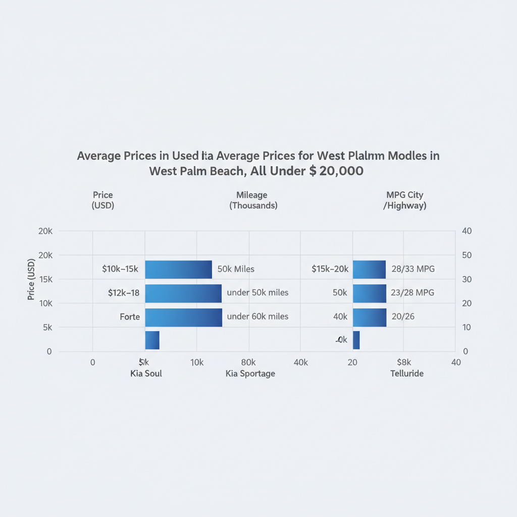 Horizontal bar chart comparing used Kia models in West Palm Beach by price, mileage, and fuel economy