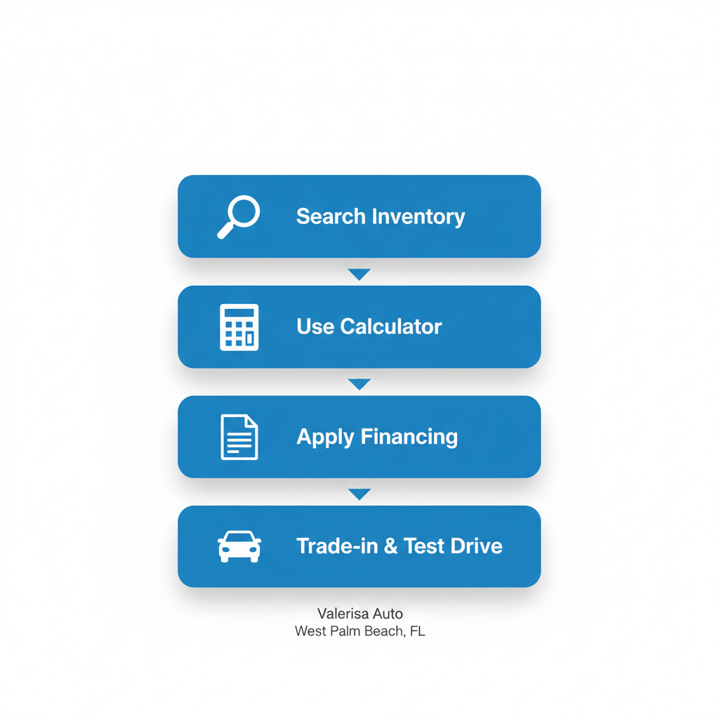 Vertical process flow diagram showing four steps to purchase a used Kia in West Palm Beach: search inventory, use loan calculator, apply for financing, and submit trade-in request with test drive.