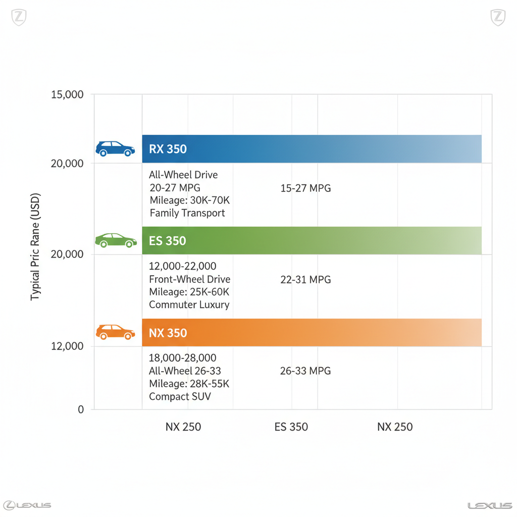 Horizontal bar chart comparing price ranges and features of used Lexus RX 350, ES 350, and NX 250 models in West Palm Beach area