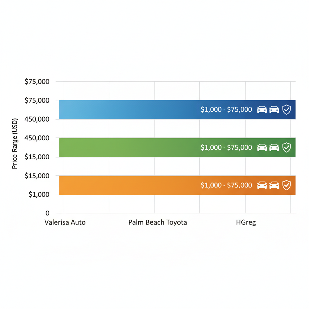 Horizontal bar chart comparing price ranges of used car dealerships Valerisa Auto, Palm Beach Toyota, and HGreg in West Palm Beach