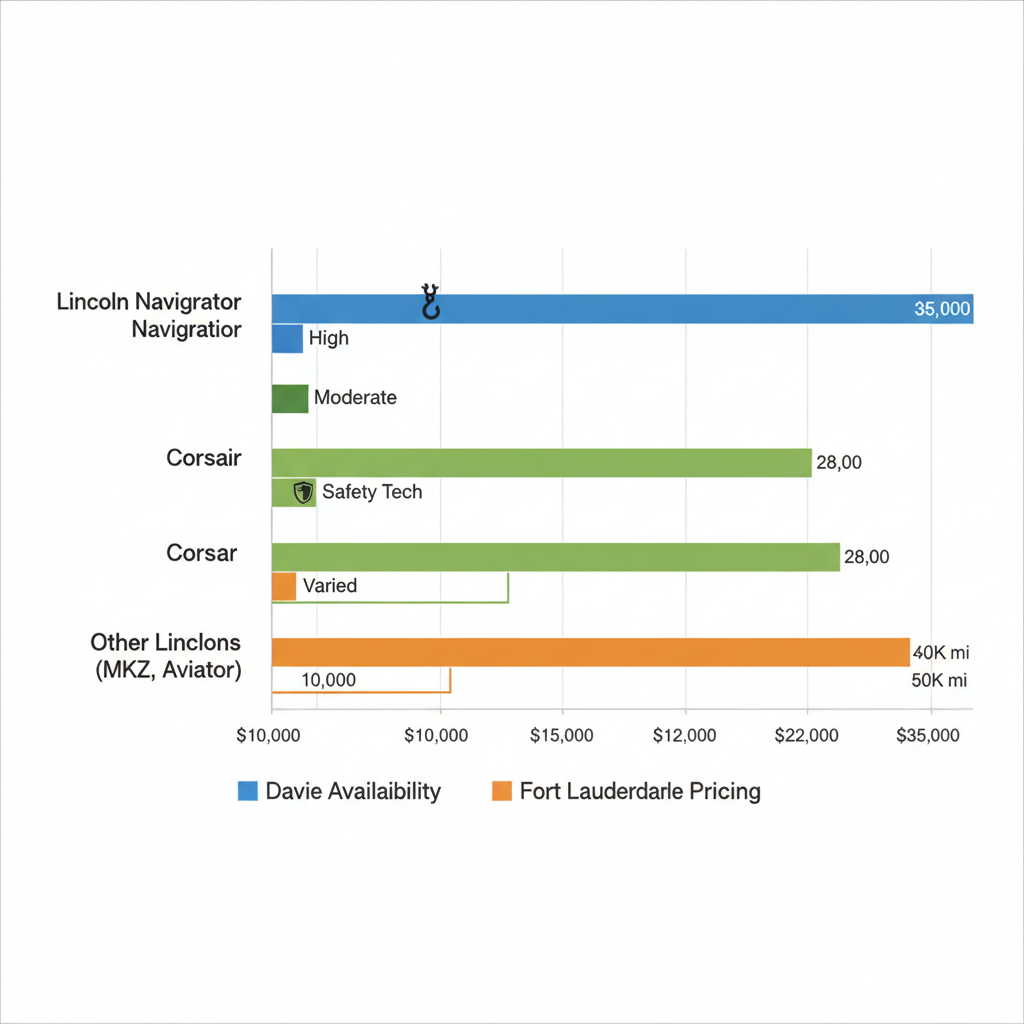 Horizontal bar chart comparing used Lincoln models in Davie versus Fort Lauderdale and Miami areas, showing pricing ranges, availability, and mileage with feature icons.