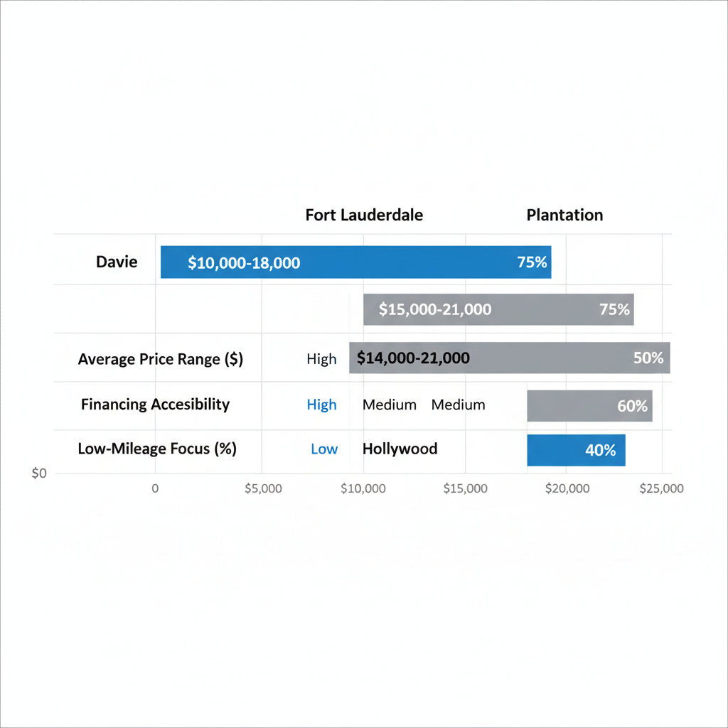 Horizontal bar chart comparing used vehicle market prices, financing, and low-mileage options in Davie and nearby Broward County areas