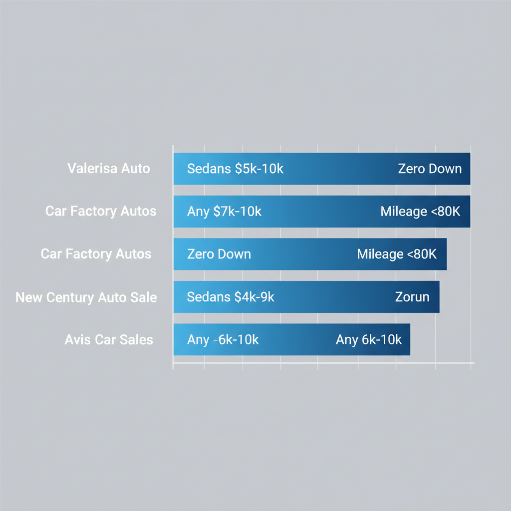 Horizontal bar chart comparing used car dealerships in West Palm Beach by price under 10k, zero down options, and mileage under 80k