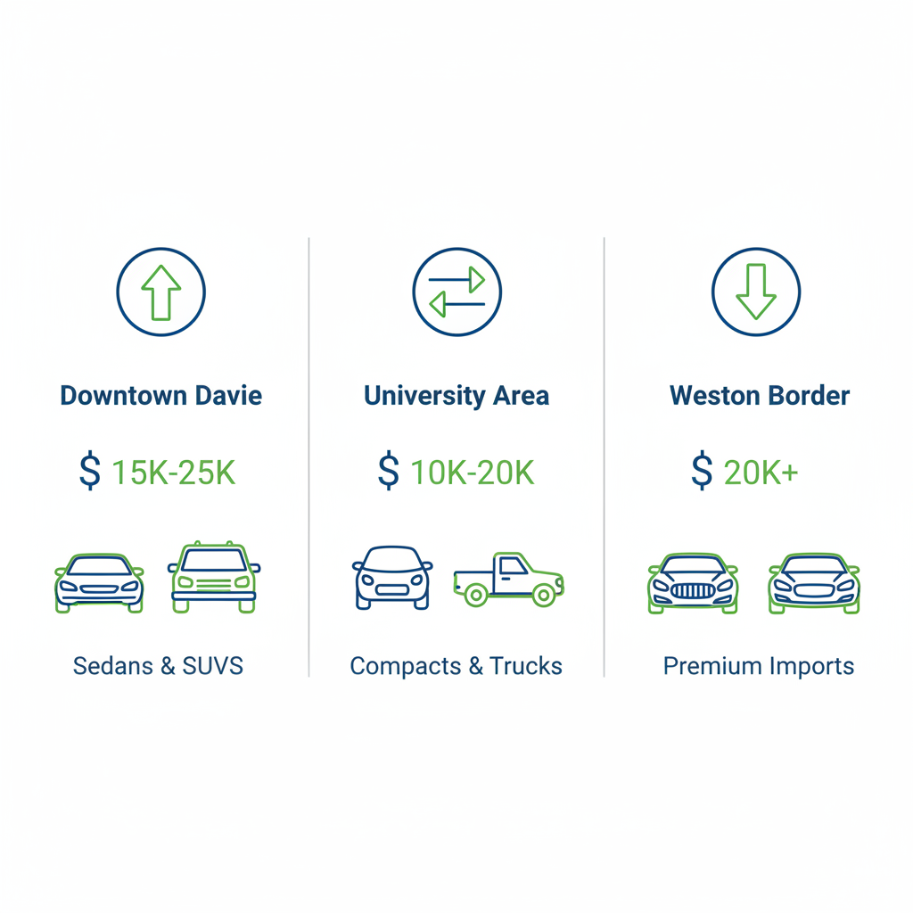 Infographic comparing Davie neighborhoods for used car buying with proximity, price ranges, and vehicle types.