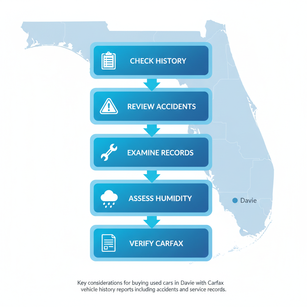Vertical process flow illustrating five essential steps for evaluating used cars in Davie, focusing on history checks and local risks with icons.