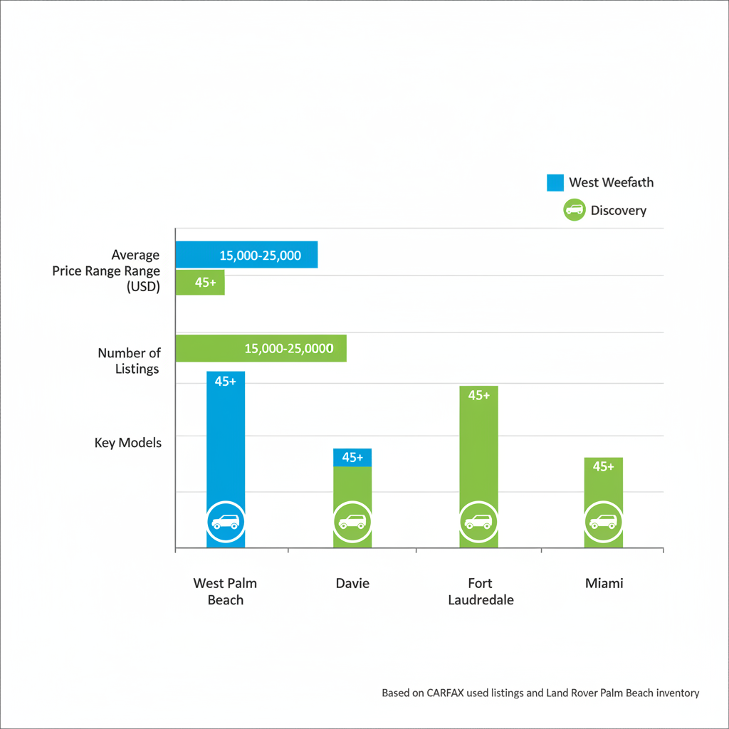 Horizontal bar chart comparing used Land Rover prices, listings, and models in West Palm Beach, Davie, Fort Lauderdale, and Miami areas