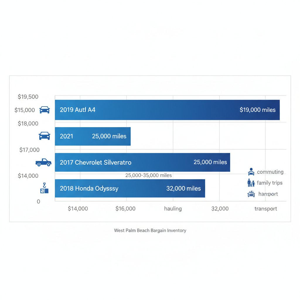 Horizontal bar chart comparing prices and mileage of popular used vehicles under $20,000 in the West Palm Beach area, featuring models like Audi A4, Q5, Chevrolet Silverado, and Honda Odyssey with body style icons and usage legend.