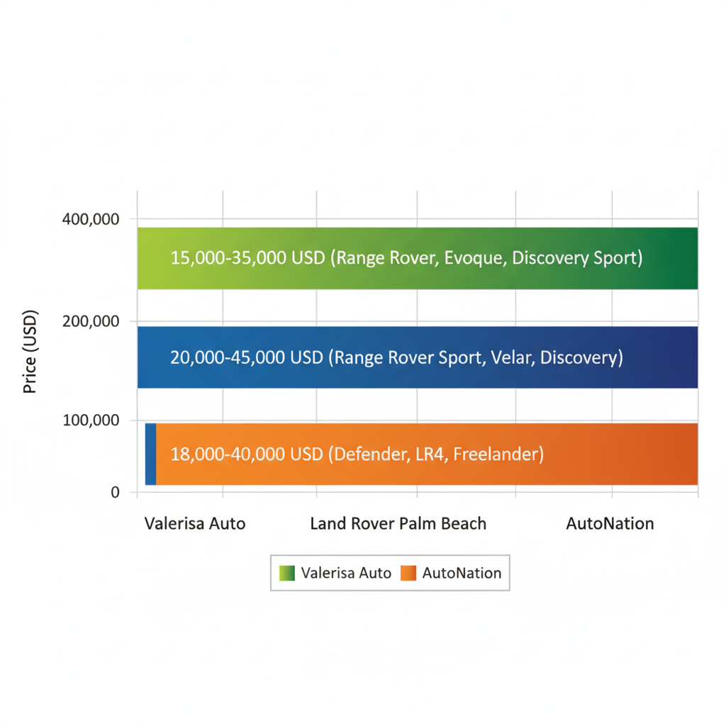 Horizontal bar chart comparing used Land Rover price ranges at Valerisa Auto, Land Rover Palm Beach, and AutoNation in West Palm Beach