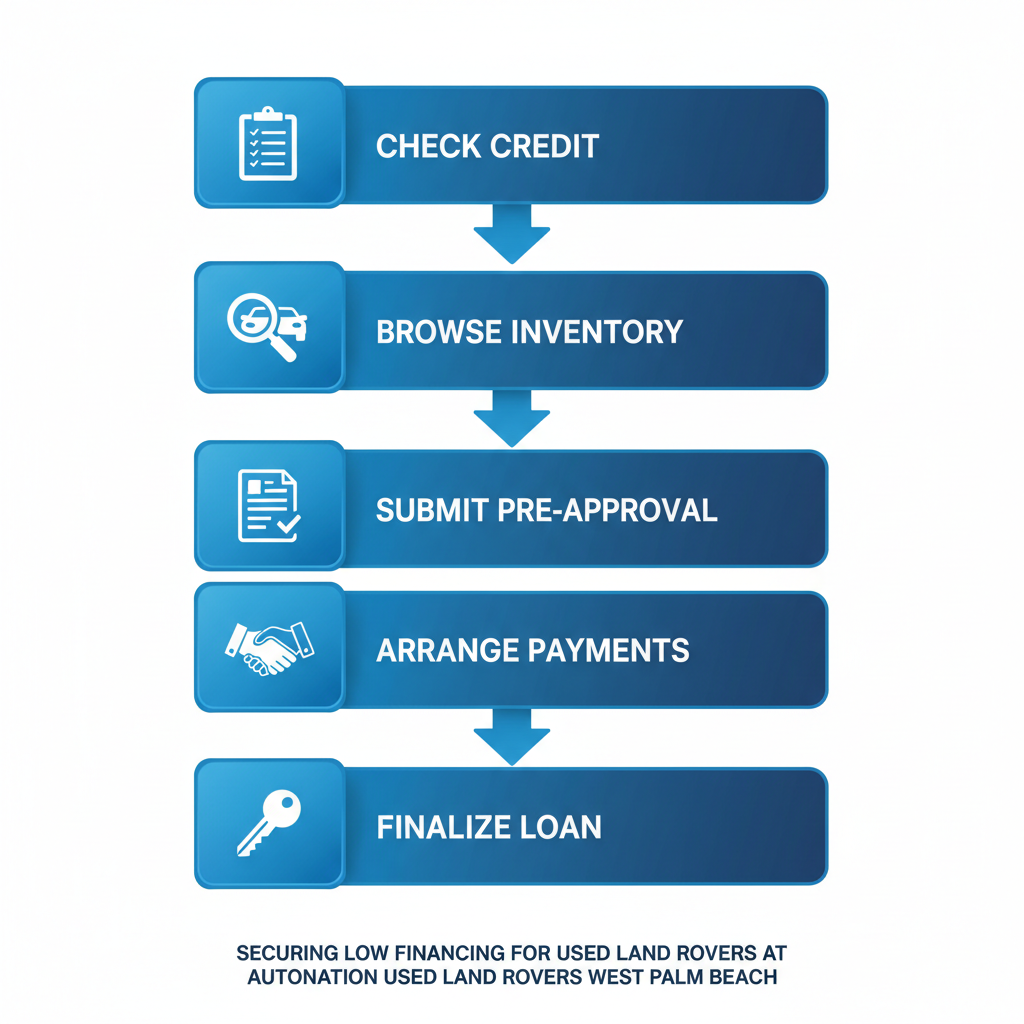 Vertical process flow diagram illustrating five steps to secure low financing for used Land Rovers, including credit check, inventory browsing, pre-approval submission, payment arrangement, and loan finalization.