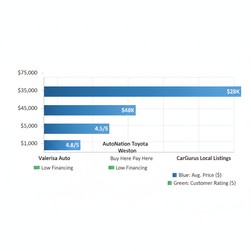 Bar chart comparing used Toyota dealers in Davie, Florida by average prices and customer ratings