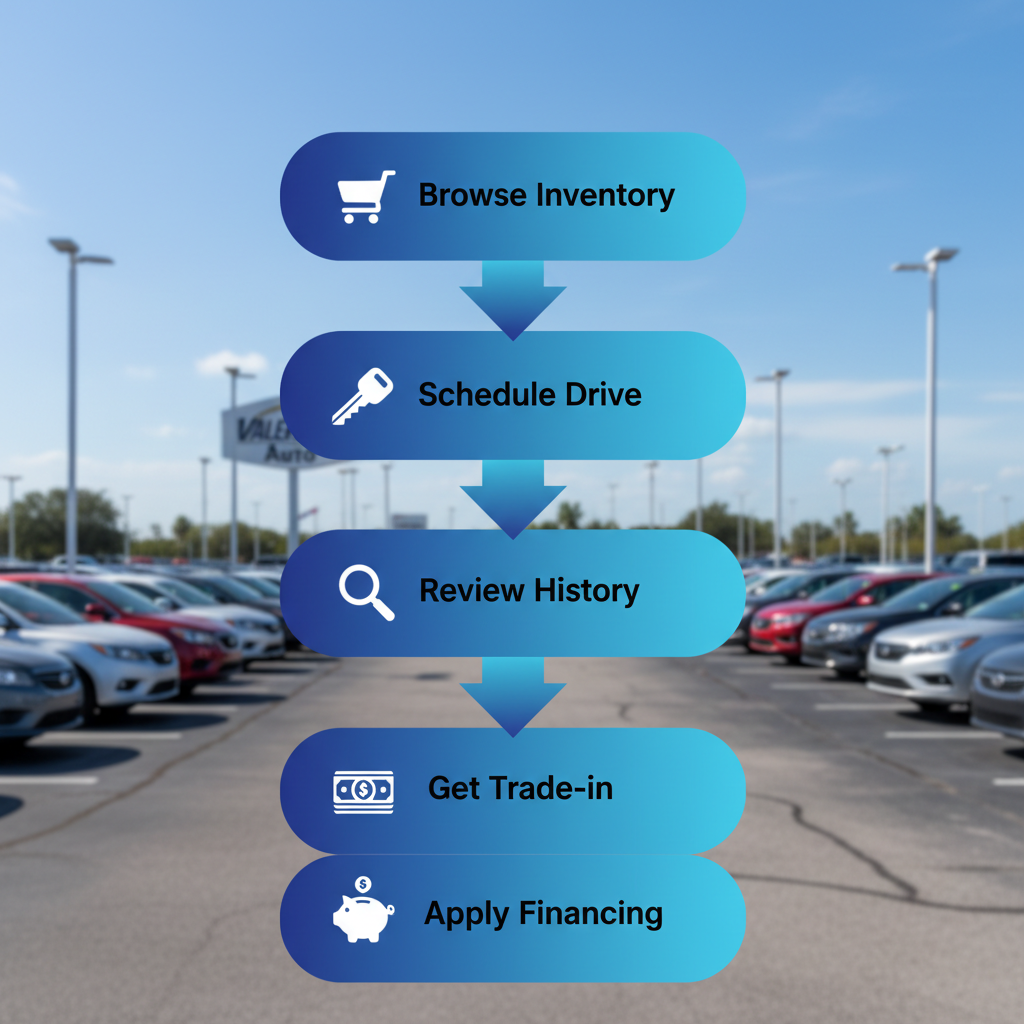Vertical process flow diagram illustrating the five steps to purchase a used car at Valerisa Auto in Davie