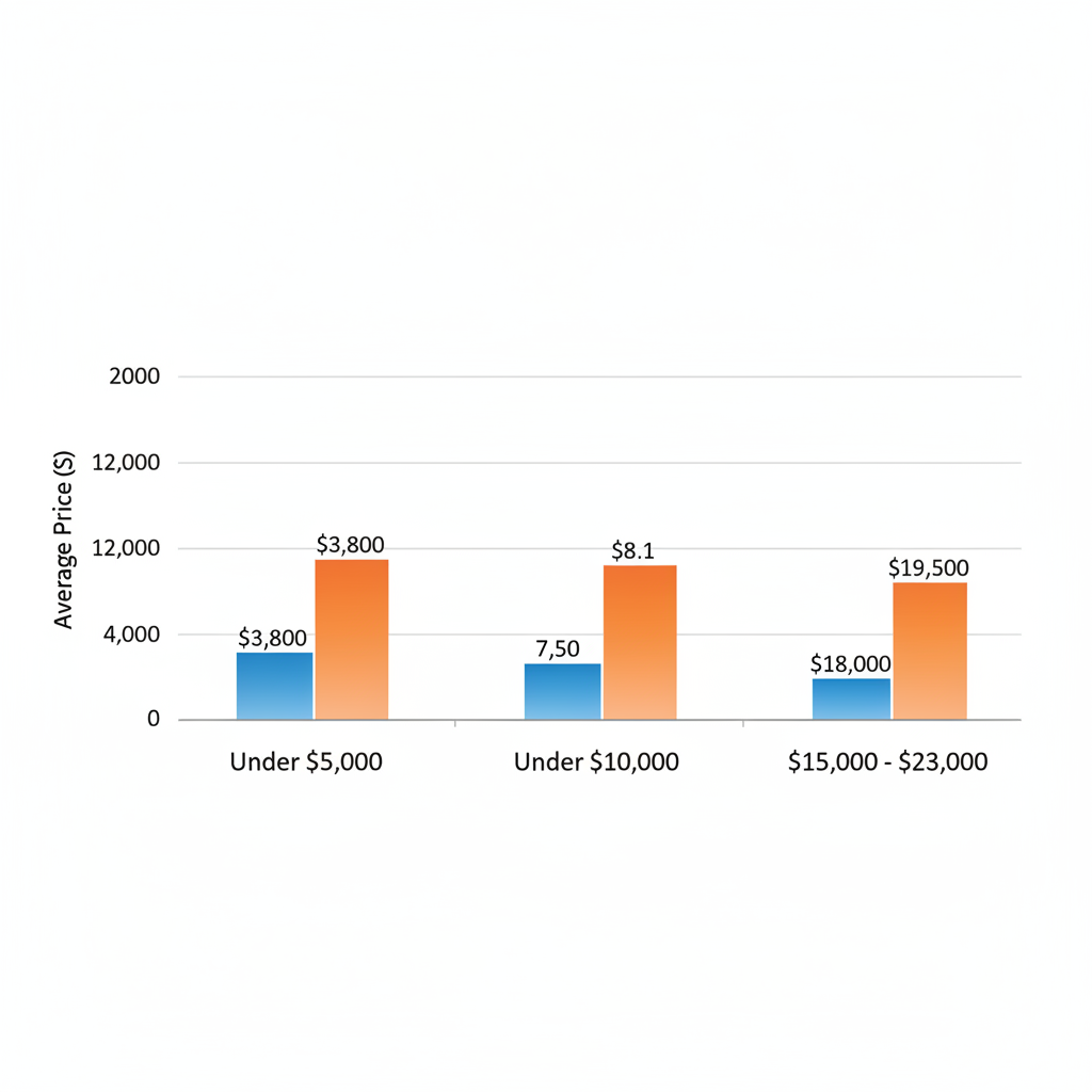 Bar chart comparing average used car prices in Davie and Fort Lauderdale by price tiers under $5,000, under $10,000, and $15,000-$23,000