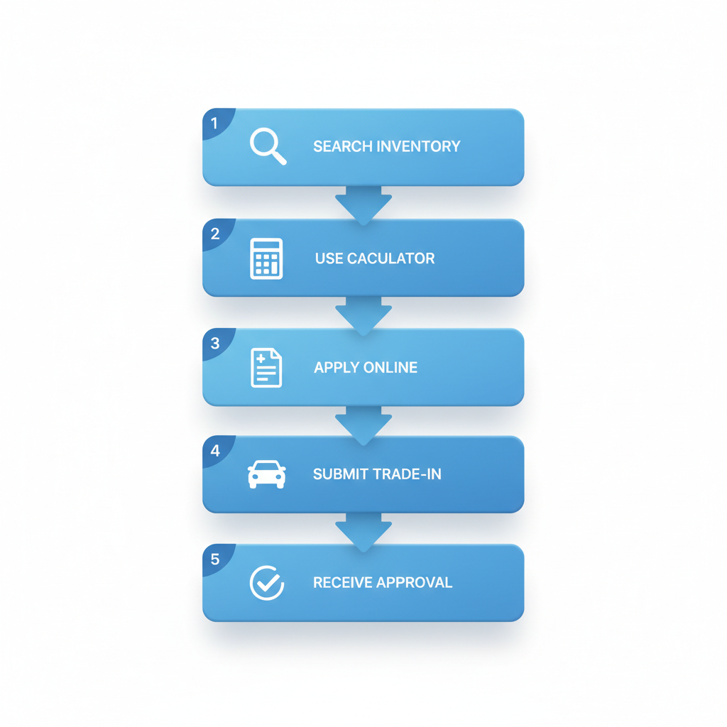 Vertical process flow diagram showing five steps to secure used car financing with icons and blue boxes