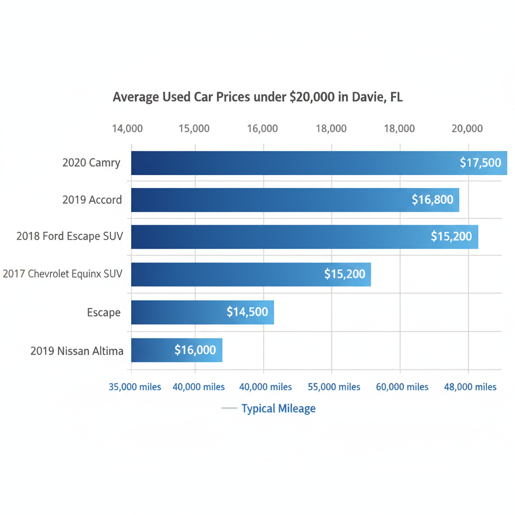 Horizontal bar chart comparing average prices and mileage of popular used cars under $20,000 in Davie, FL
